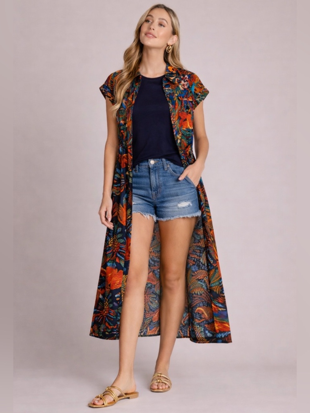 Live 4 Truth Navy Tropical Midi Shirt Dress~Button-Up Resort Duster Style ~ XL - Picture 3 of 12
